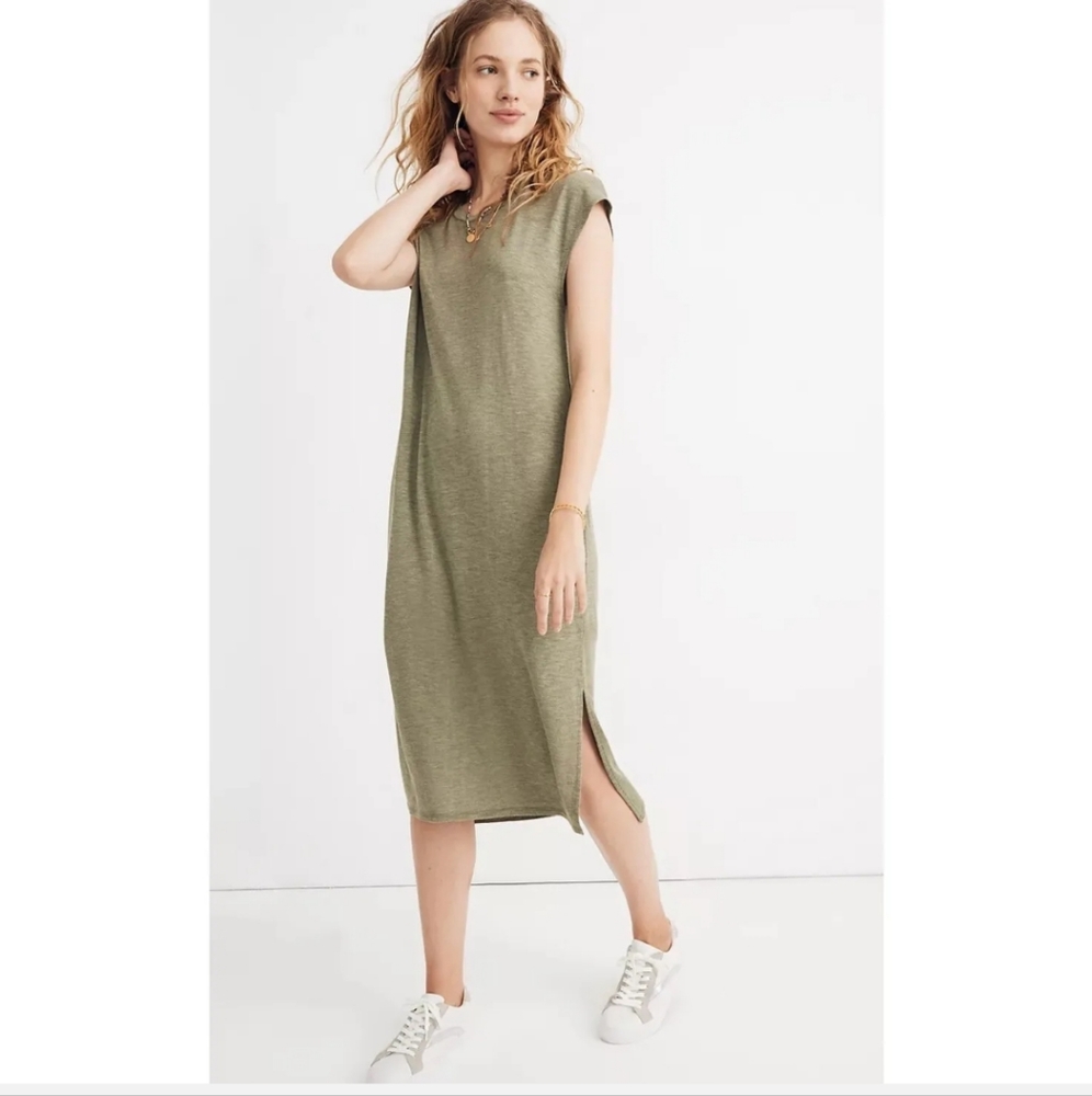 MADEWELL MUSCLE MIDI DRESS GREEN CAP SLEEVES ROUND NECK SIDE SPLIT SIZE …